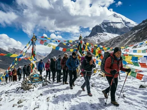 Pilgrims trekking the sacred Mount Kailash Kora trail in Tibet.