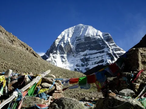 Mount Kailash, sacred mountain in Tibet surrounded by the Tibetan Himalayan landscape.