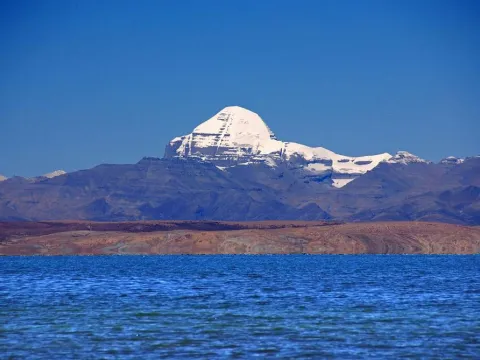 Sacred Lake Mansarovar with Mount Kailash in the background in Tibet.