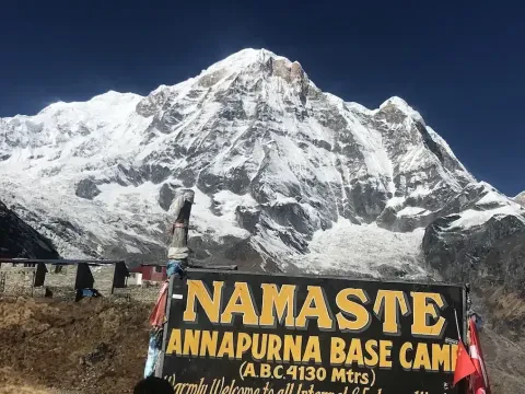Annapurna South rising above Annapurna Base Camp in the Himalayas of Nepal.