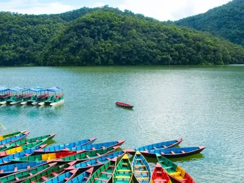 Colorful boats floating on Phewa Lake in Pokhara, Nepal.