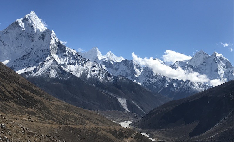 Pheriche Valley with Mount Ama Dablam rising above the alpine landscape and wide-open Himalayan valley on the Everest Base Camp Trek.