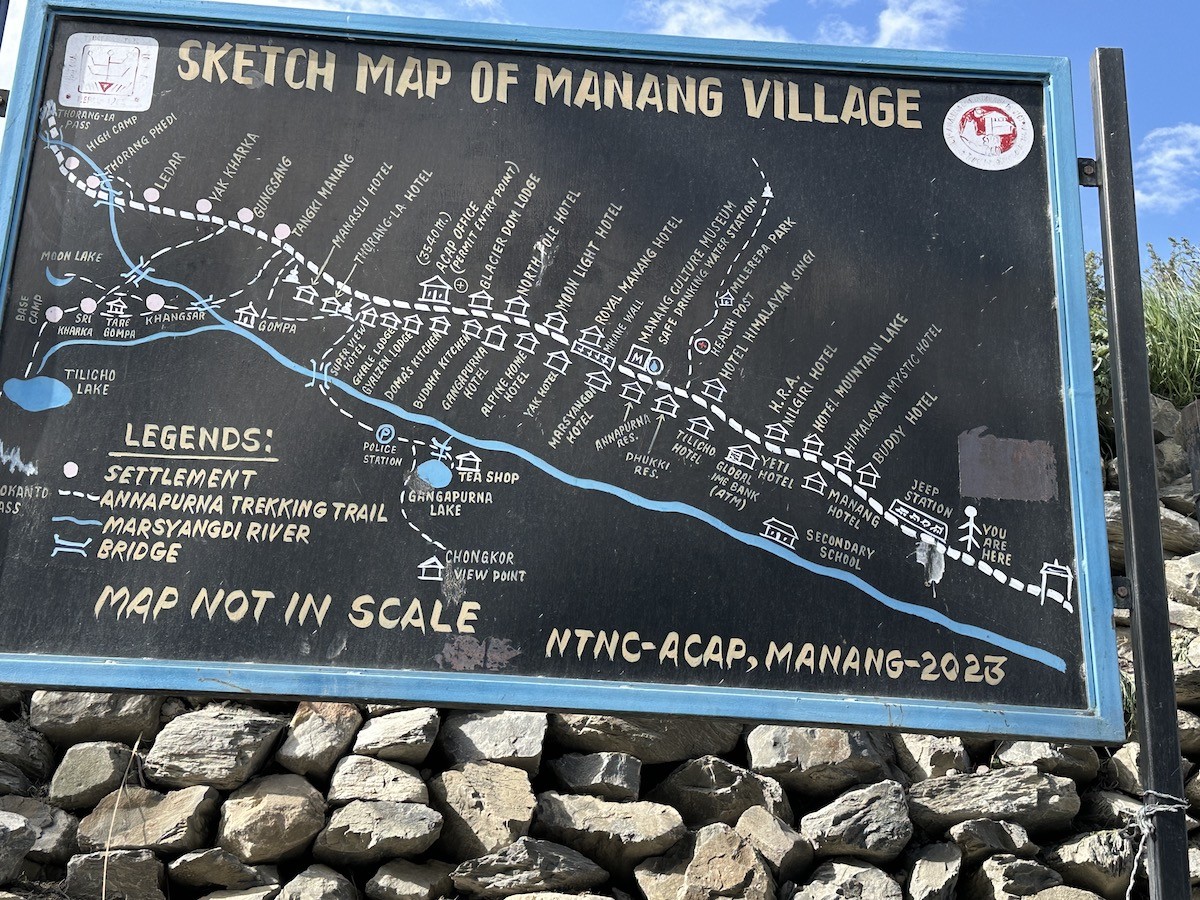 Map of Manang Village on the Annapurna Circuit Trek showing the village layout, trekking trails, Gangapurna Lake, Braga Monastery, nearby viewpoints, and surrounding Himalayan peaks in Nepal.