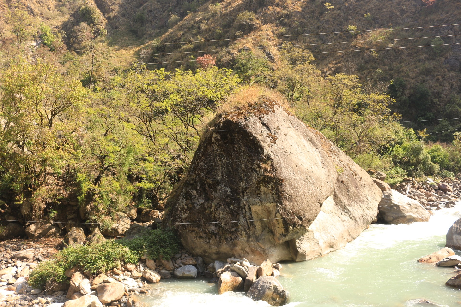 Deep Budhi Gandaki River gorge in Nepal showing steep flowing river,and remote trekking trail in a quiet Himalayan landscape.