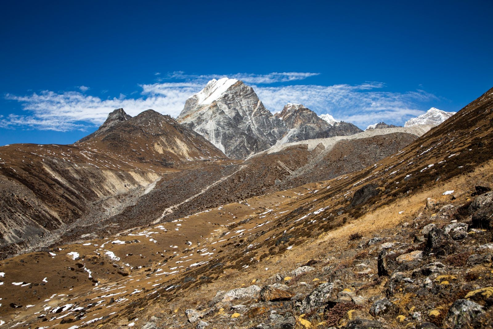 "Lobuche village surrounded by towering Himalayan peaks, rocky glacial terrain, and alpine landscapes on the Everest Base Camp Trek in Nepal"