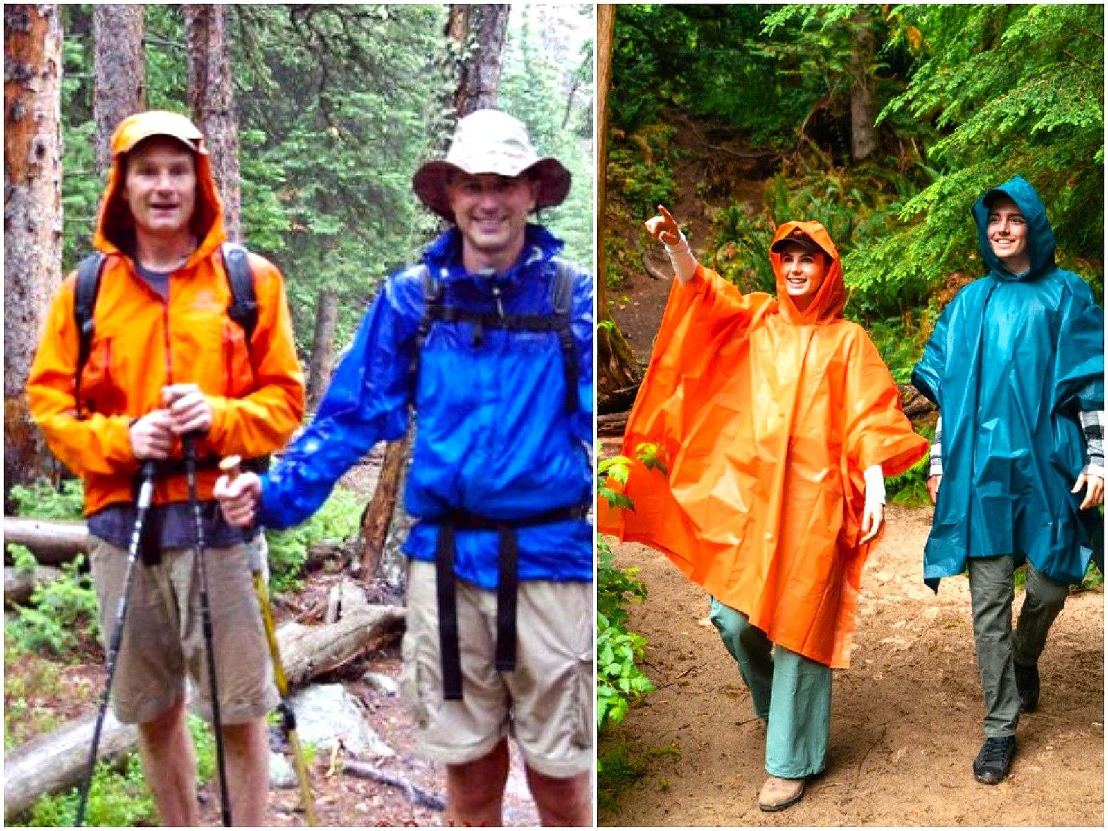 Trekker wearing waterproof rain gear on a mountain trail in Nepal during wet weather conditions.