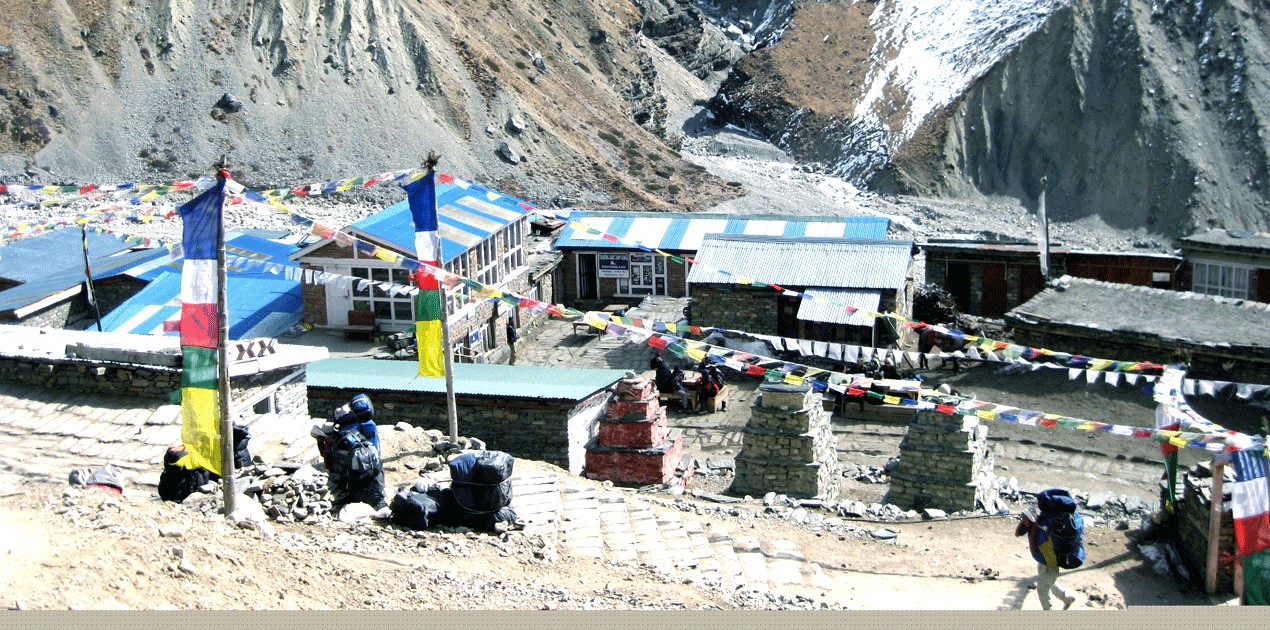 Thorong Phedi lodge on the Annapurna Circuit Trek in Nepal located at high altitude base for Thorong La Pass