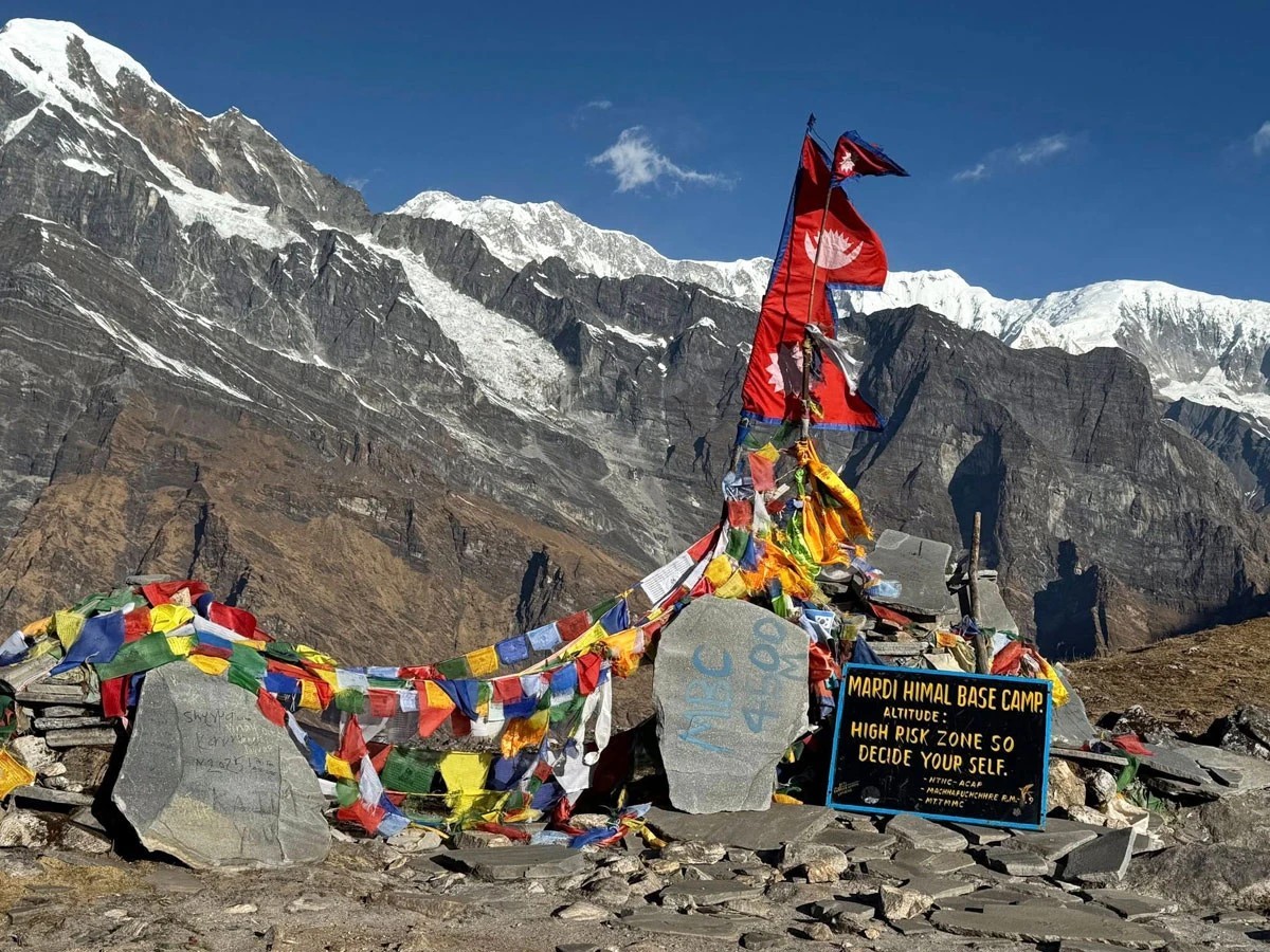 Mardi Himal Base Camp in Nepal with panoramic view of Annapurna and Machhapuchhre (Fishtail) mountain range
