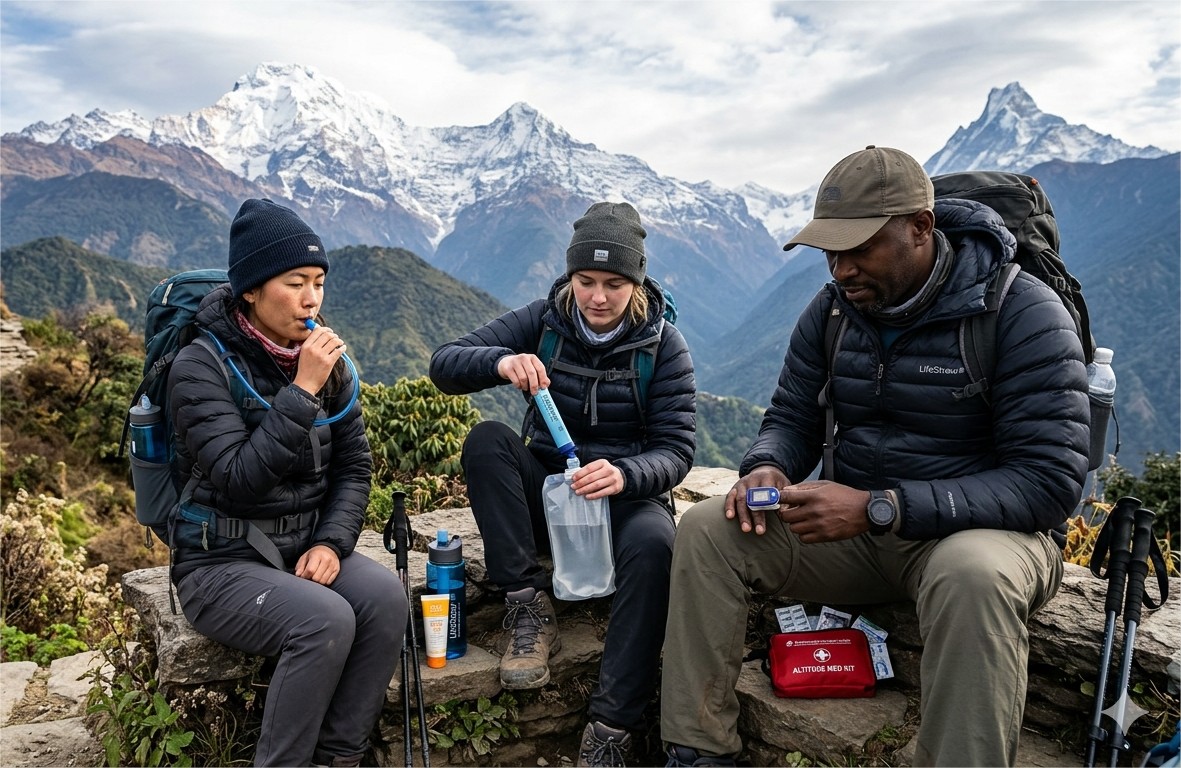 Trekkers managing their water supply on a Himalayan trail, carrying reusable water bottles and hydration systems while refilling and treating drinking water during a mountain trek.