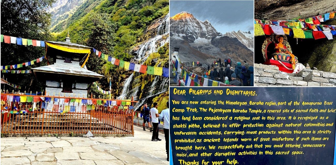 colourful Tibetan prayer flags are strung together, fluttering softly in the mountain breeze against a backdrop of towering, majestic, snow-capped Himalayan peaks.