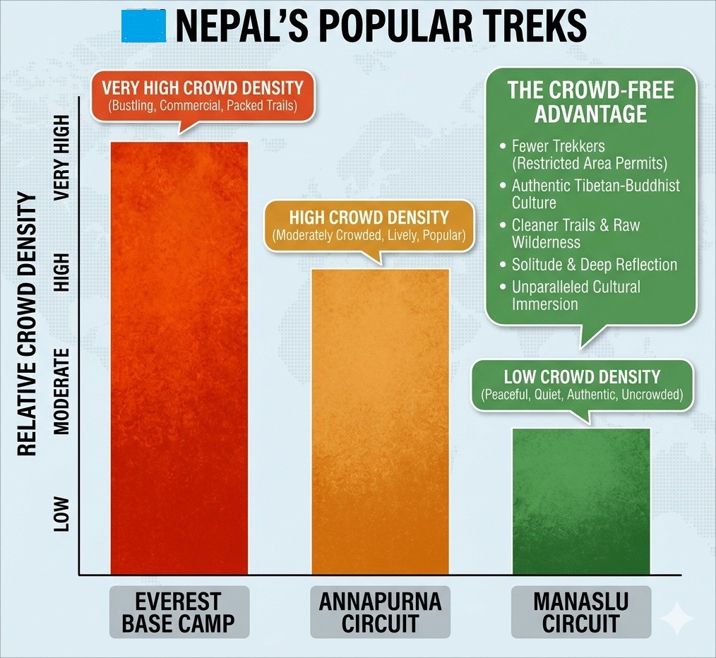 Comparison chart of Nepal's popular treks showing crowd density levels on the Everest Base Camp Trek, Annapurna Circuit Trek, and Manaslu Circuit Trek.