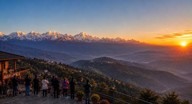 Nagarkot sunrise with Himalayan mountain views.