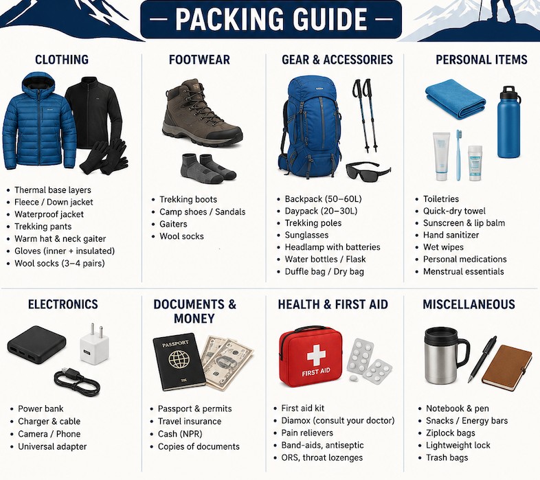 Everest Base Camp Trek packing guide - essential gear, including layered clothing, trekking boots, backpack, trekking poles, toiletries, electronics, travel documents, first aid supplies, and accessories for a safe and comfortable September trek.