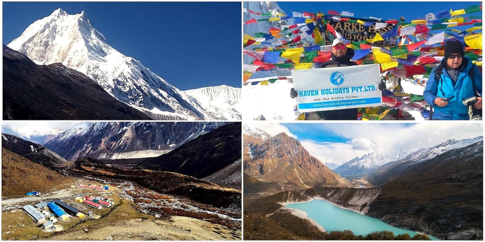 Collage of Mount Manaslu, Birendra Lake,Dharmasala and Larke Pass scenes