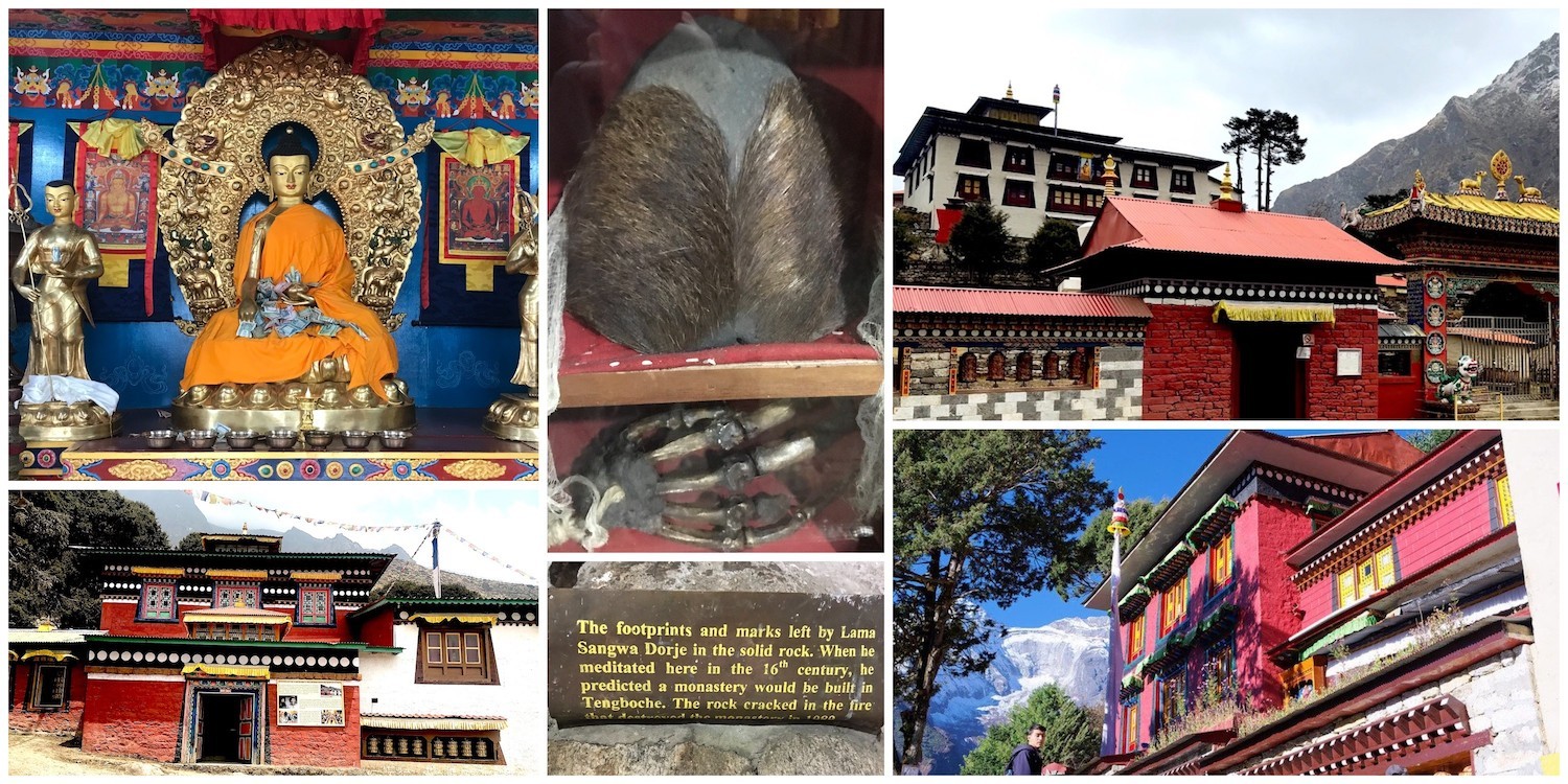 Collage of Tengboche Monastery and Pangboche Monastery featuring Buddhist shrines, ancient relics, the famous Yeti scalp, colorful monastery buildings, and Sherpa cultural heritage along the Everest Base Camp Trek in Nepal." 