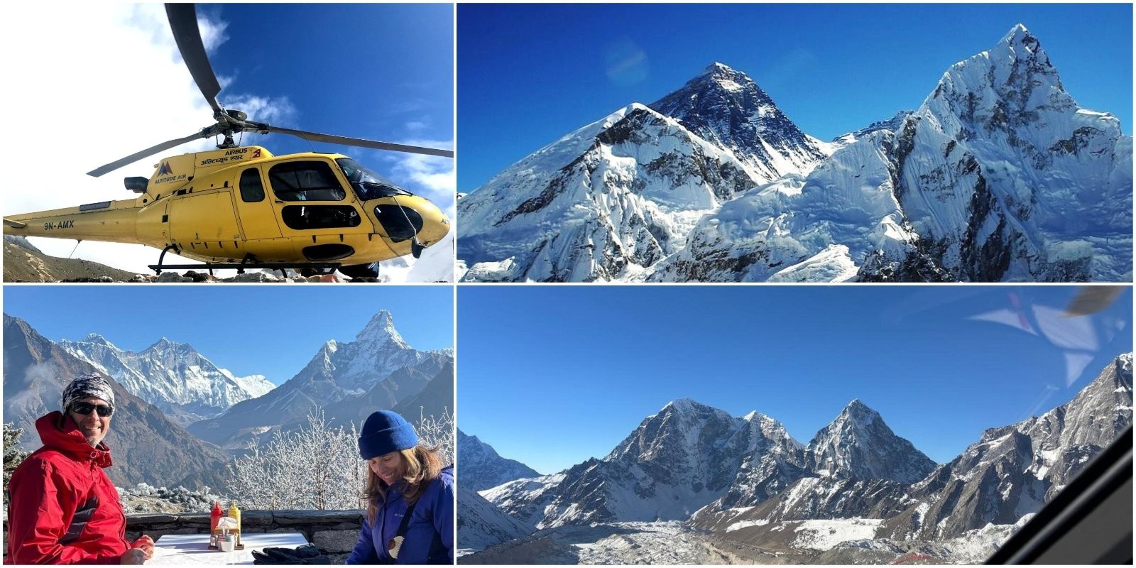 Everest Base Camp Helicopter Tour featuring a helicopter landing at Kala Patthar, breathtaking views of Mount Everest, the Khumbu Glacier, surrounding Himalayan peaks, and breakfast at Everest View Hotel.