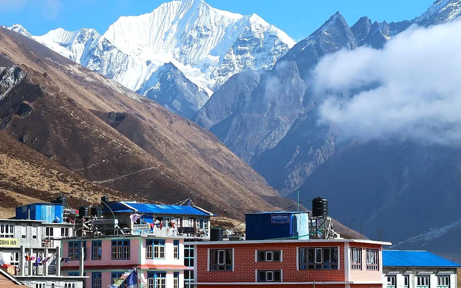 Kyanjin village in Langtang Valley with Guest houses and mountain backdrop featuring snow-capped Himalayan peaks in Nepal.