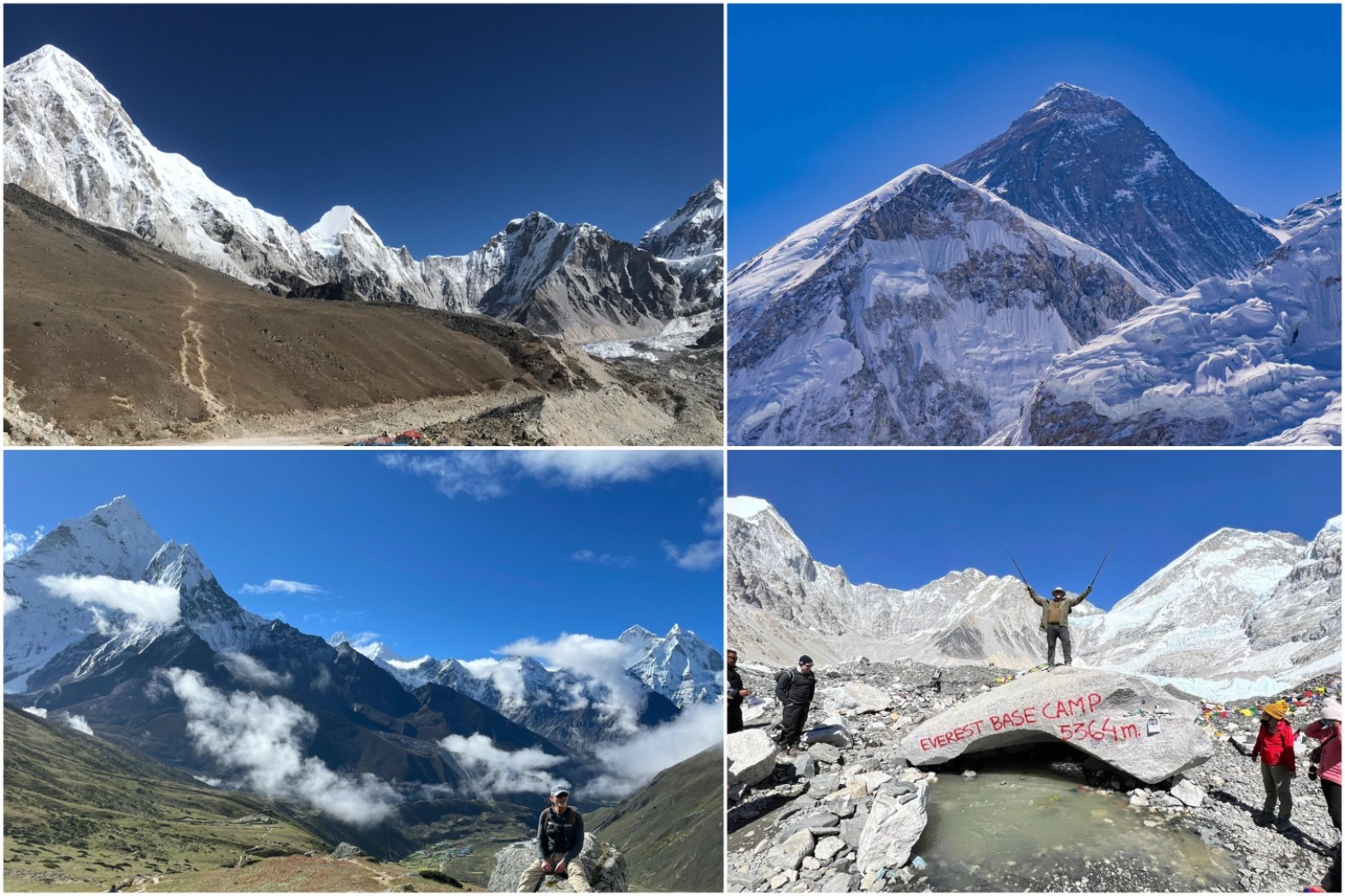 "Everest Base Camp Trek collage featuring the Khumbu Glacier, Mount Everest, Ama Dablam, trekkers enjoying panoramic Himalayan views, and the iconic Everest Base Camp marker at 5,364 metres in Nepal."