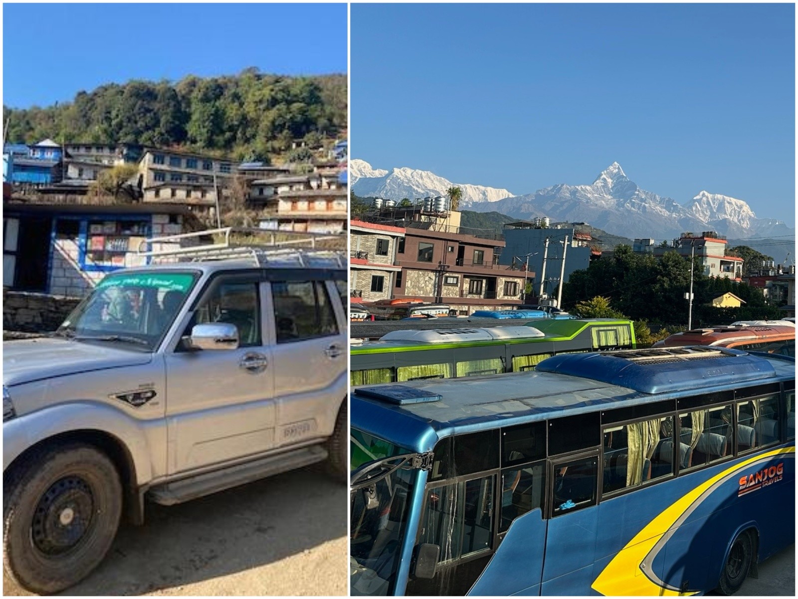 Four-wheel-drive jeep and local bus traveling on the mountain road to Ulleri, passing terraced hillsides, lush forests, rivers, and traditional villages on the way to the Ghorepani Poon Hill Trek.