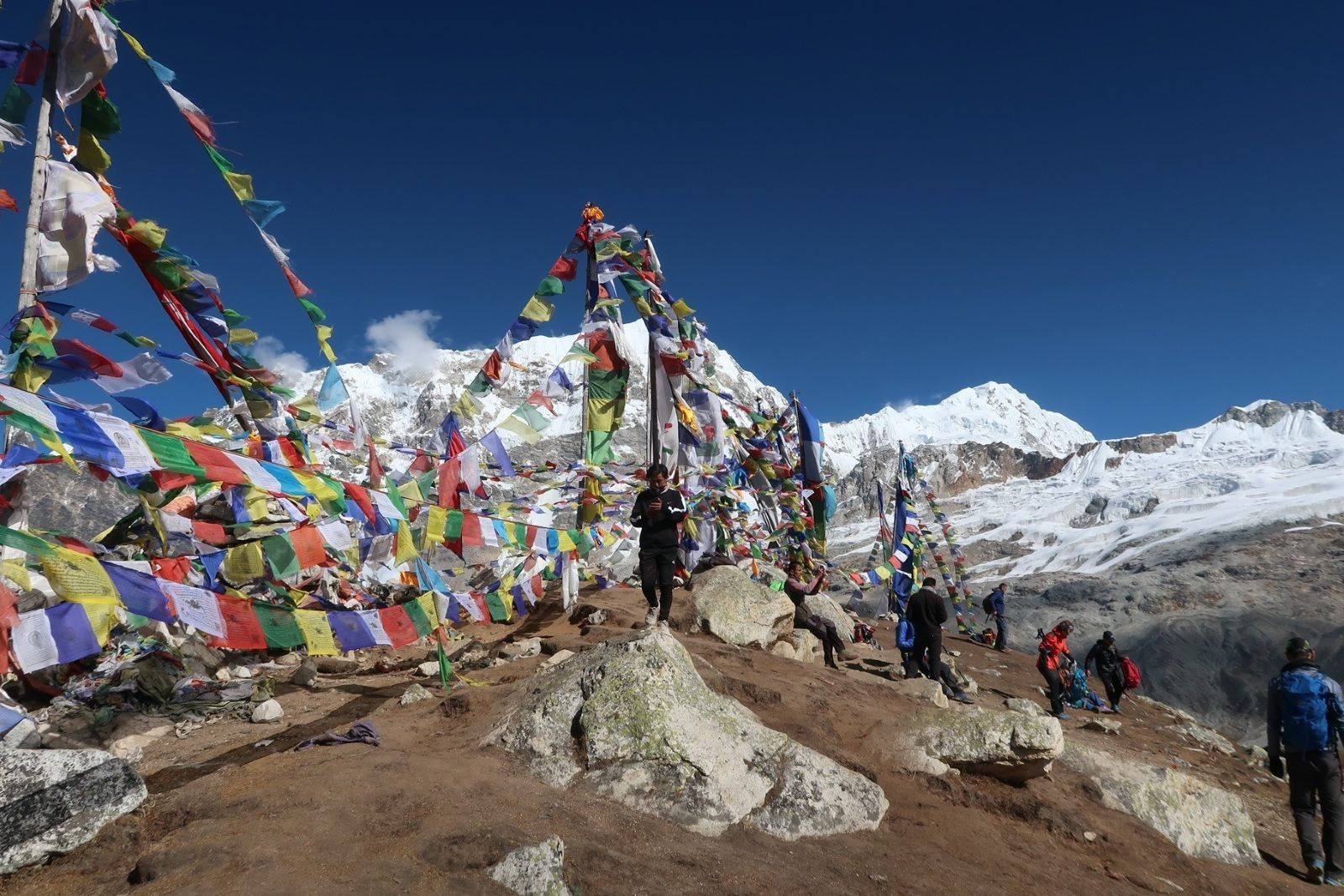 Trekkers standing at the summit of Tserko Ri overlooking a vast Himalayan panorama with snow-covered peaks, glaciers, and deep alpine valleys in the Langtang region.