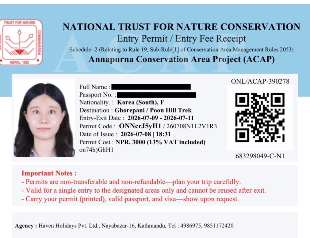 Annapurna Conservation Area Permit (ACAP) required for the Ghorepani Poon Hill Trek, allowing trekkers to explore the protected Annapurna region.