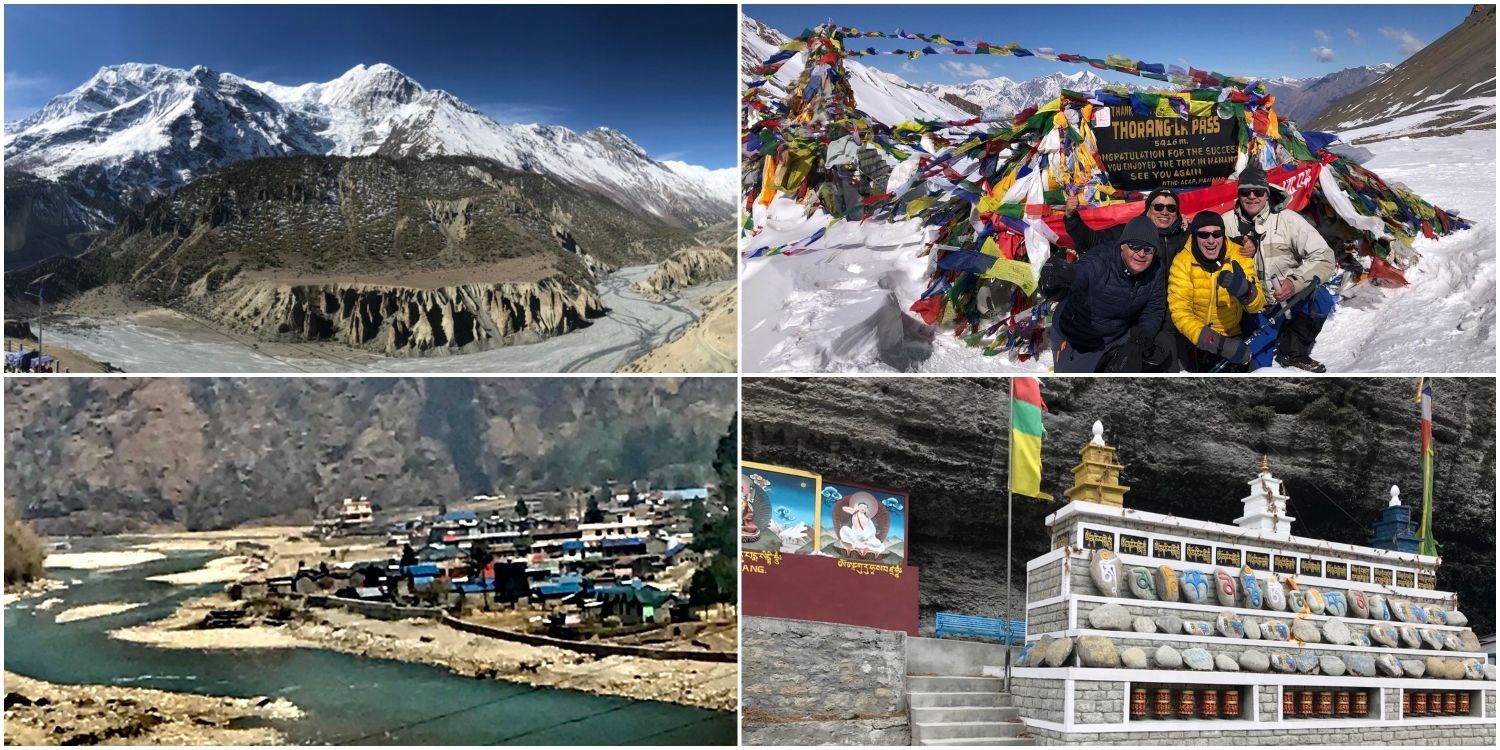 Annapurna Circuit showing mountains, Tal village, Thorong Pass, and mani wall