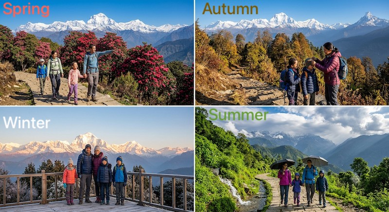 Families enjoying the Ghorepani Poon Hill Trek in spring, summer, autumn, and winter with scenic Annapurna mountain views, Nepal.