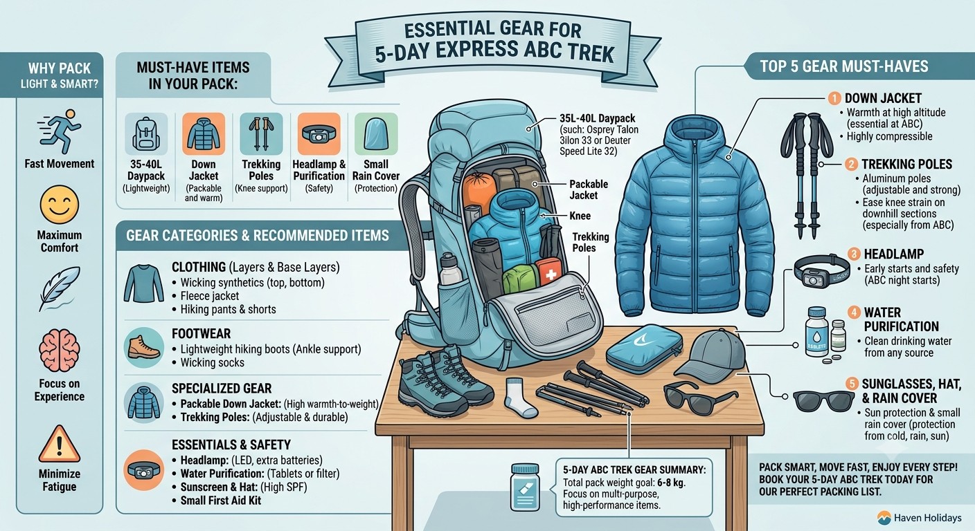 Annapurna Base Camp Trek packing list featuring trekking backpack, hiking boots, warm clothing, rain gear, water bottle, trekking poles, sleeping essentials, and personal travel items.