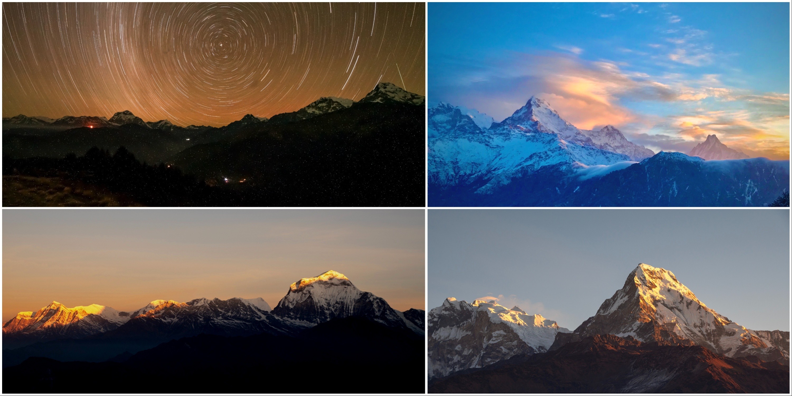 The 3-Day Poon Hill Trek featuring a star-filled night sky over the Annapurna and Dhaulagiri ranges, cozy mountain teahouses, trekkers on the trail, and the spectacular sunrise from Poon Hill with snow-capped Himalayan peaks