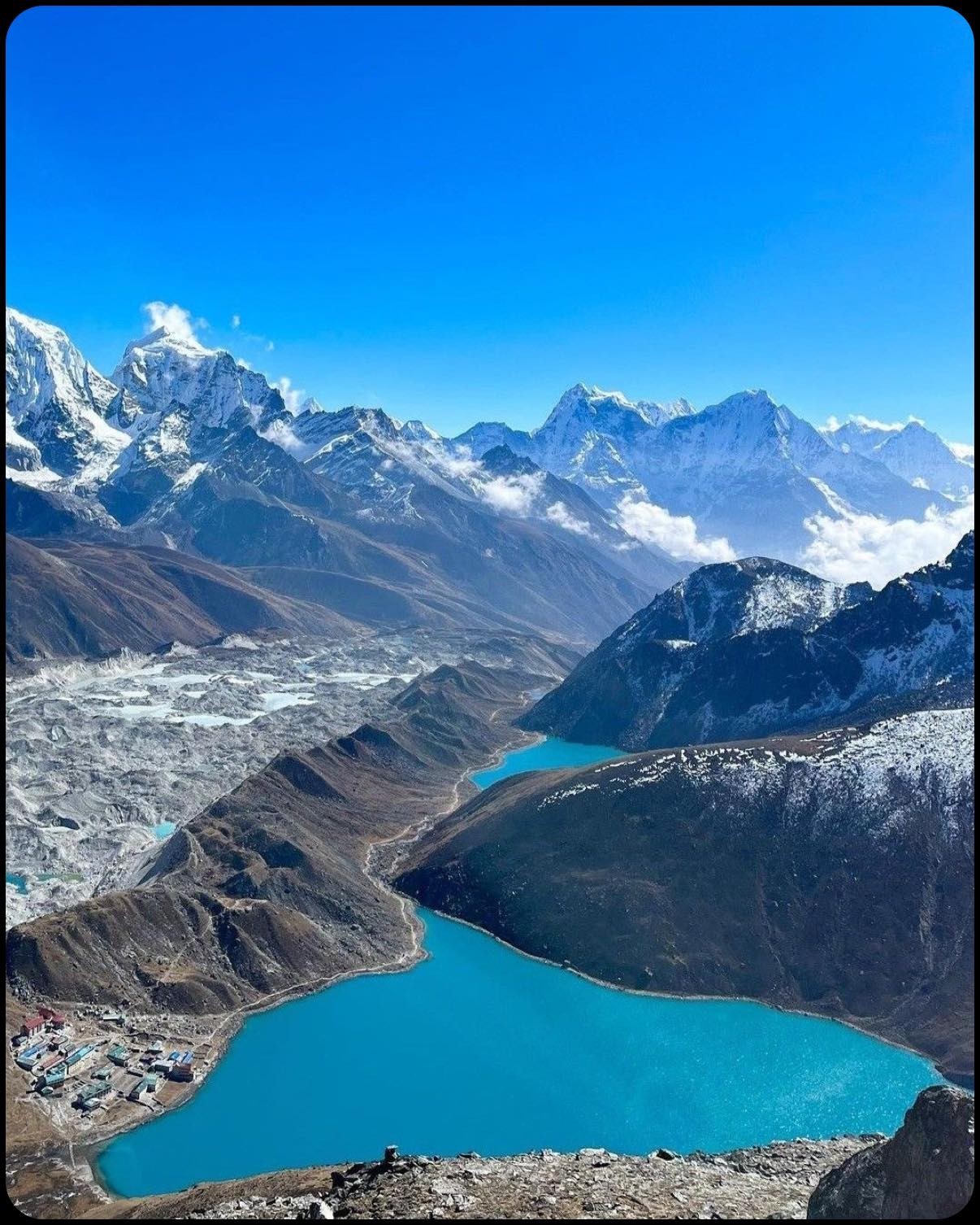 Turquoise Gokyo Lakes surrounded by snow-covered Himalayan mountains in the Everest region.