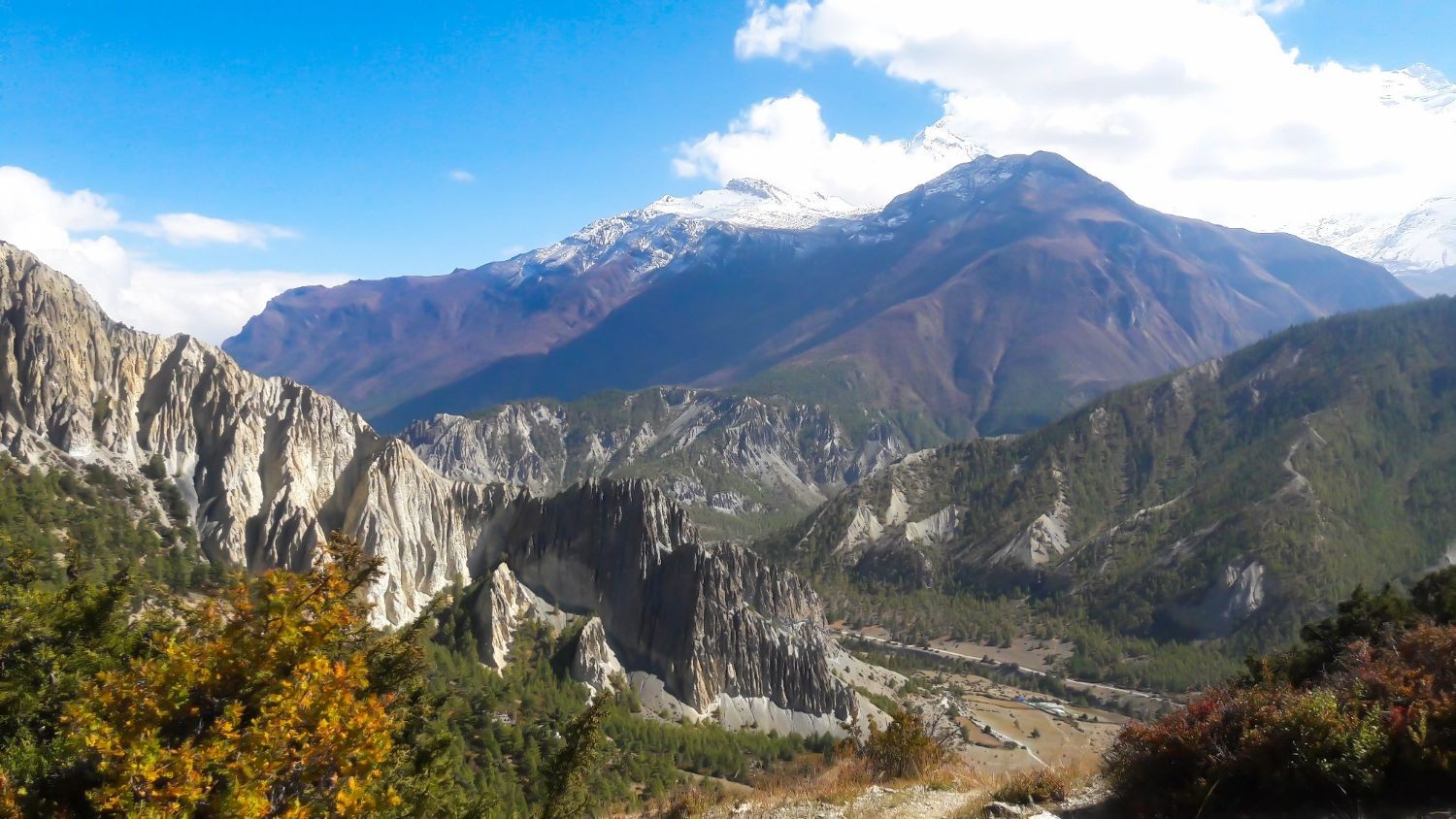 Manang Valley with traditional villages, rugged landscapes, and snow-capped Himalayan peaks in Nepal.