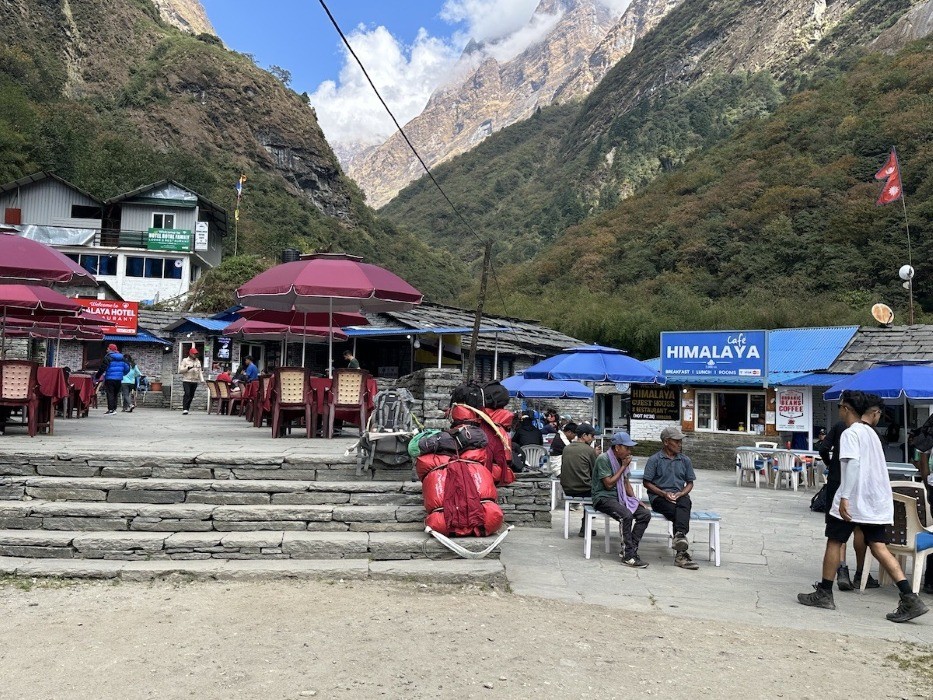 Hotel Himalaya teahouse on the Annapurna Base Camp Trek, showing the comfortable lodge facilities available along the popular Himalayan trail.