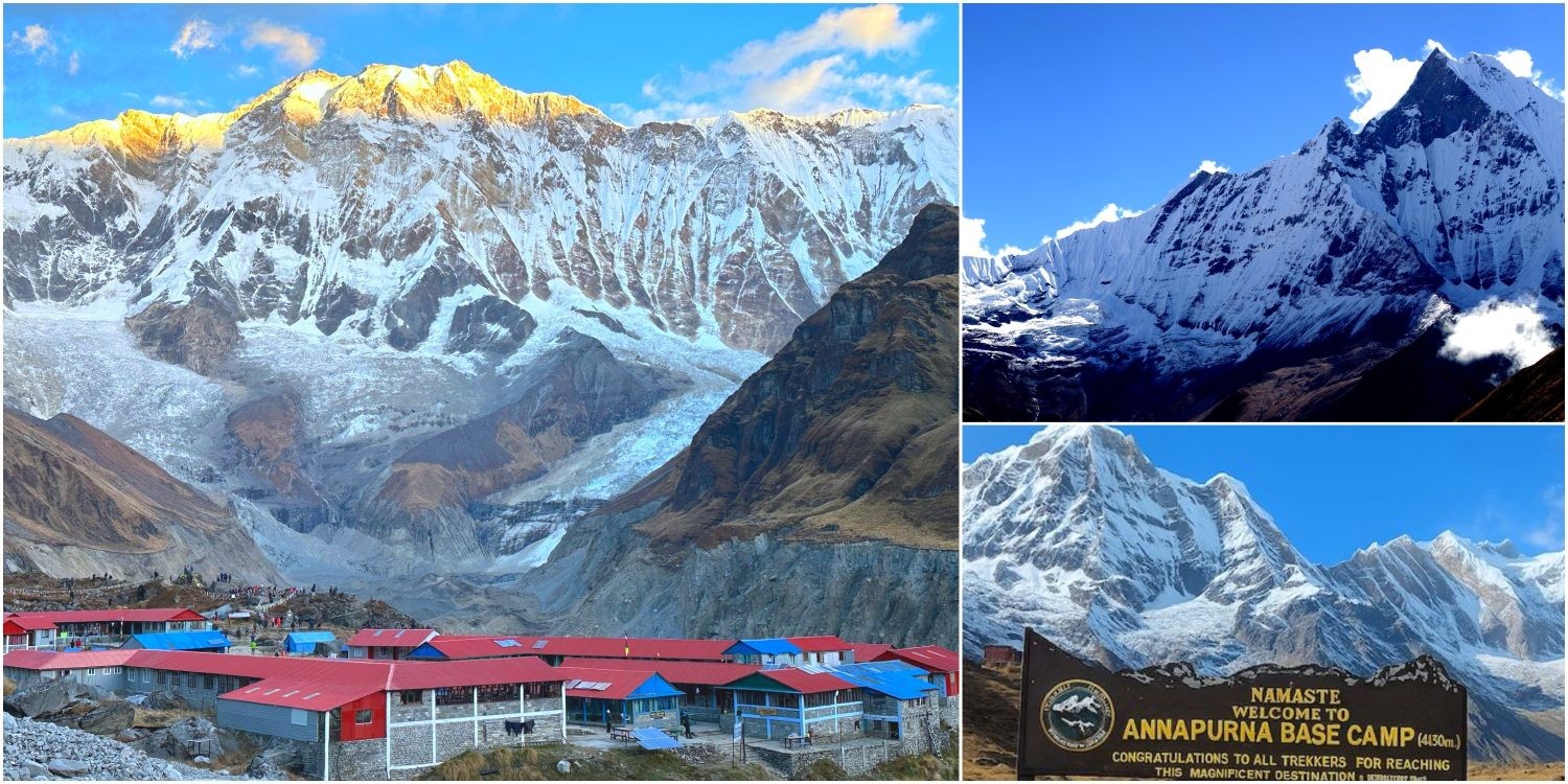 Trekkers arriving at Annapurna Base Camp (4,130m) surrounded by Annapurna I, Machhapuchhre (Fishtail), and towering snow-covered Himalayan peaks.