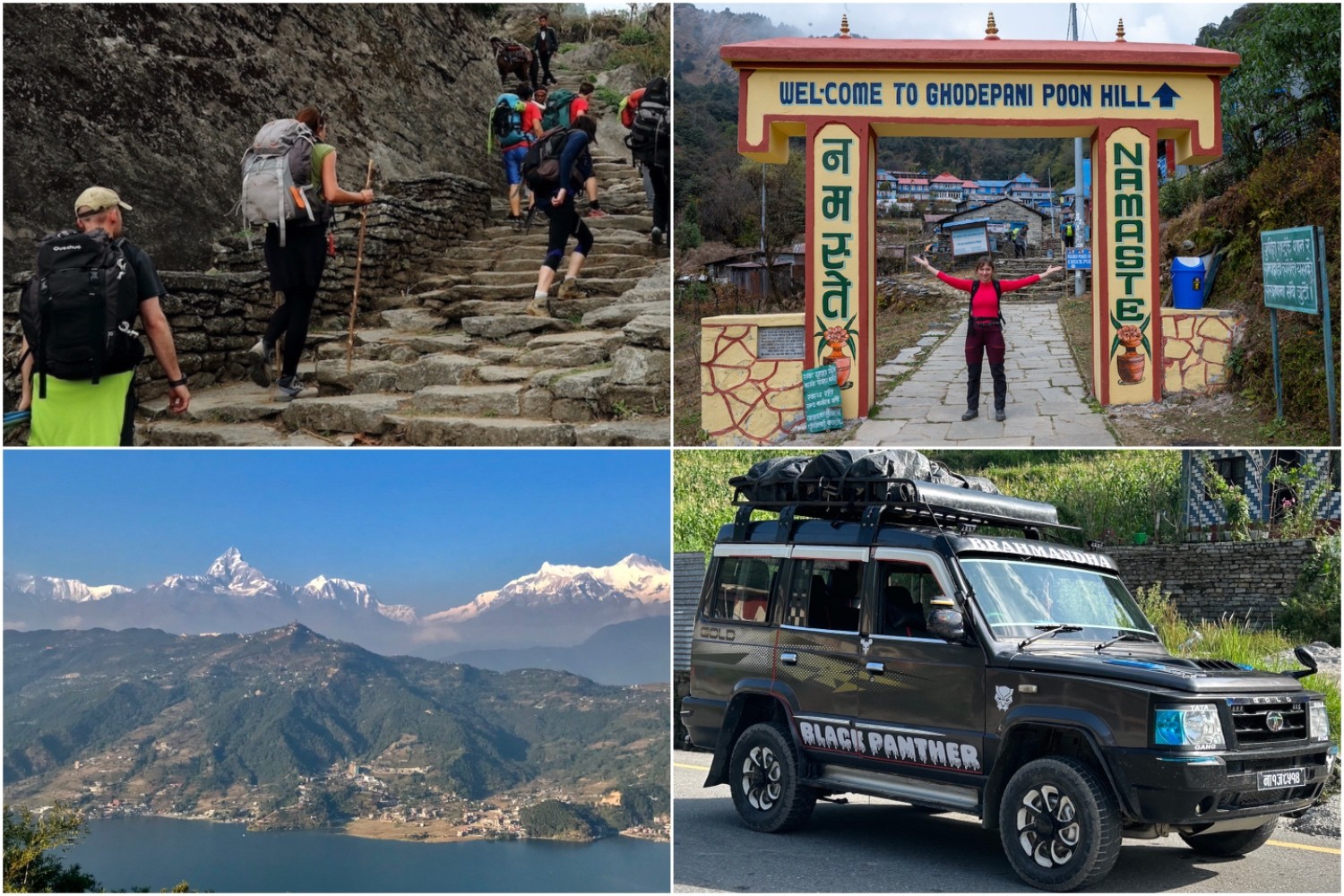 Poon Hill Trek with Ghandruk showing the drive from Pokhara to Ulleri, stone stair trekking trail, Ghorepani entrance gate, Himalayan views, and a local jeep ride.