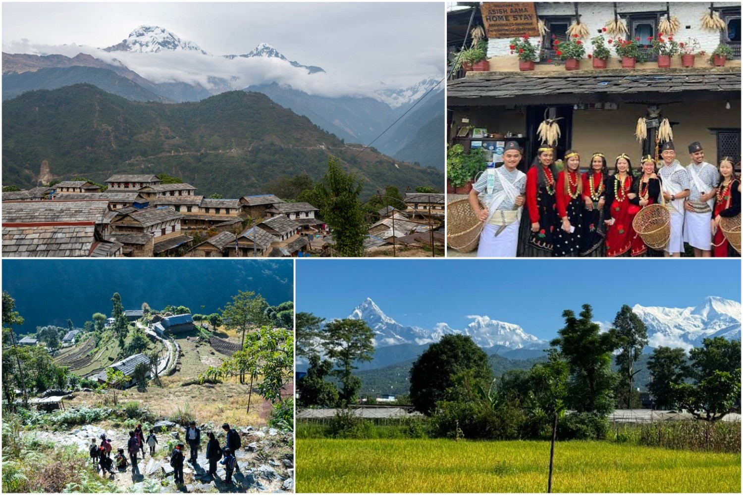 "Day 4 of the Poon Hill Trek showing the traditional Gurung village of Ghandruk, local cultural experiences, scenic trekking trail to Syauli Bazar, and panoramic Himalayan views before driving back to Pokhara."