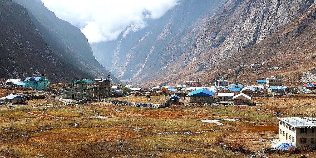 Traditional Langtang Village surrounded by snow-capped Himalayan peaks, featuring stone houses, colorful prayer flags, grazing yaks, and breathtaking mountain scenery.