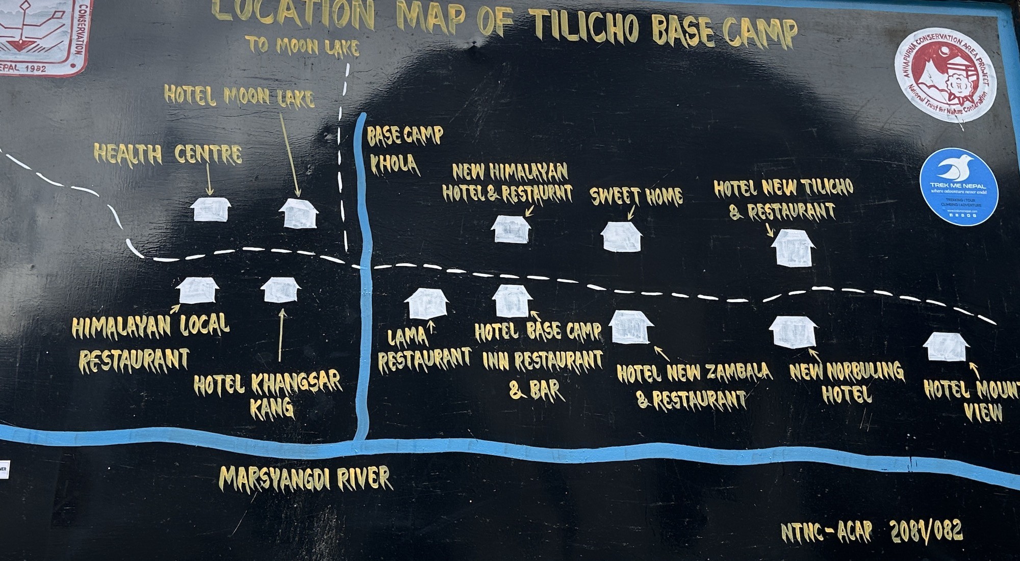 Map of Tilicho Base Camp lodges on the Annapurna Circuit Trek in Nepal, showing the location of accommodation, trekking routes, and surrounding Himalayan mountains.