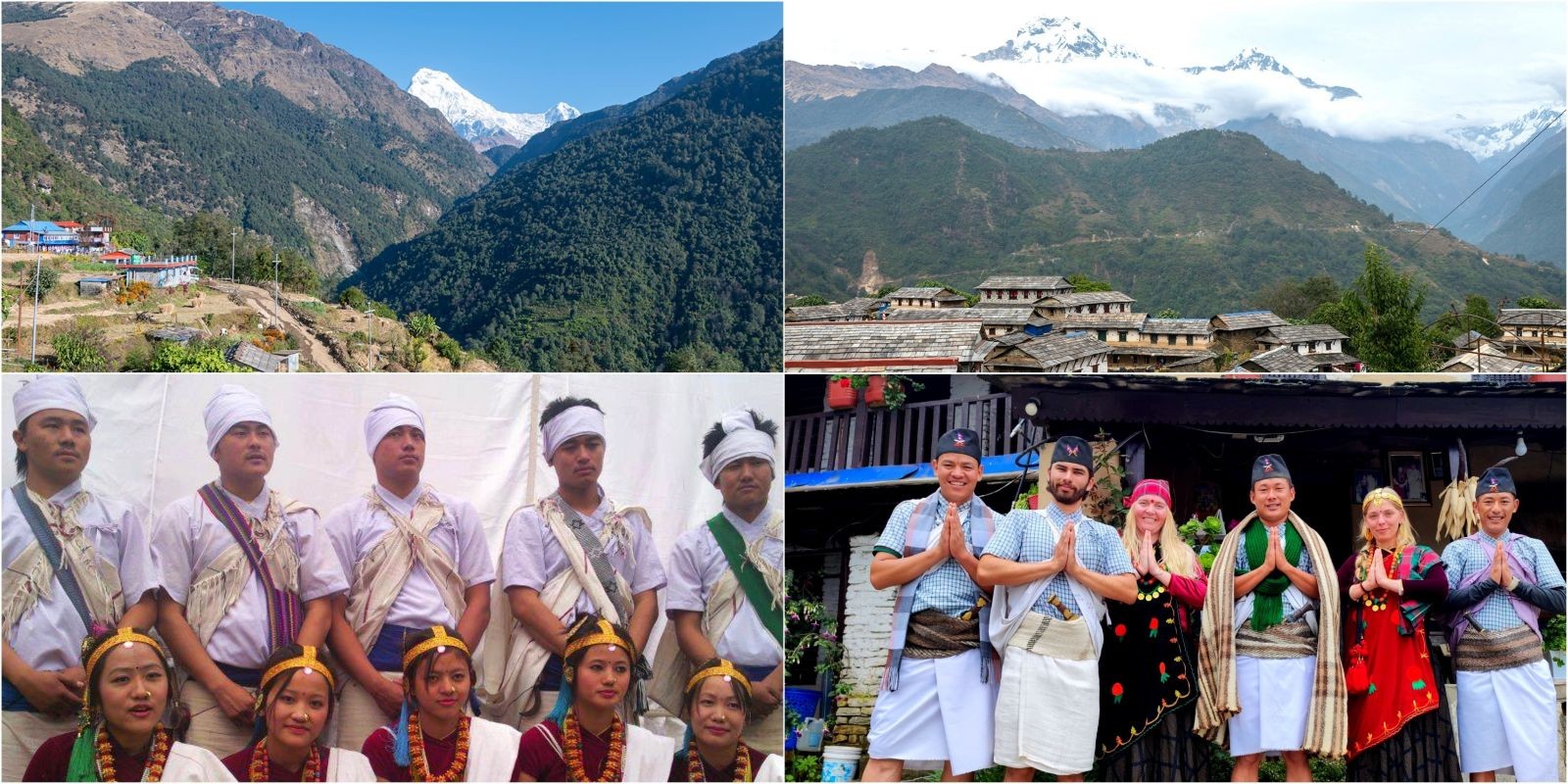 Traditional Gurung and Magar homes in Ghandruk Village with stone houses, colorful prayer flags, terraced fields, and the Annapurna Himalayas in the background.