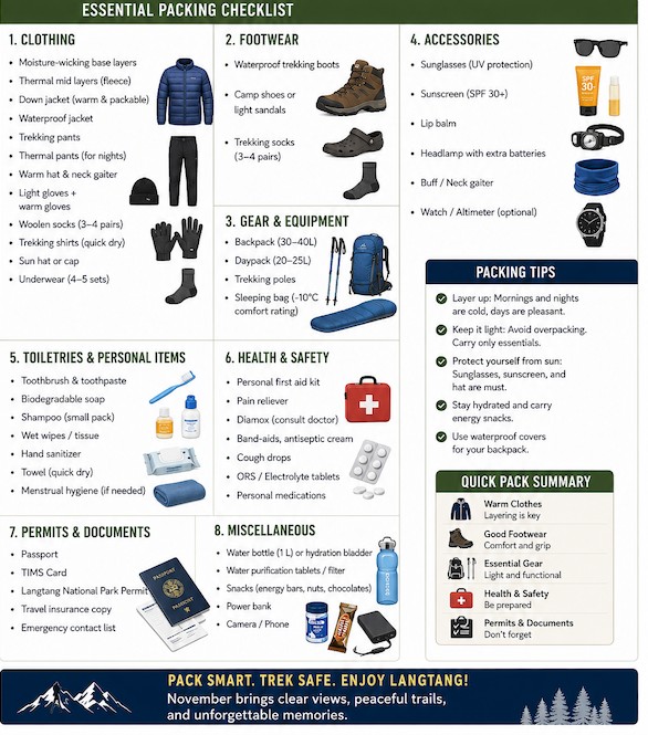Essential packing gear for the Langtang Valley Trek in October, including layered clothing, hiking boots, backpack, trekking poles, sleeping bag, down jacket, rain jacket, gloves, wool hat, sunglasses, and a water bottle.