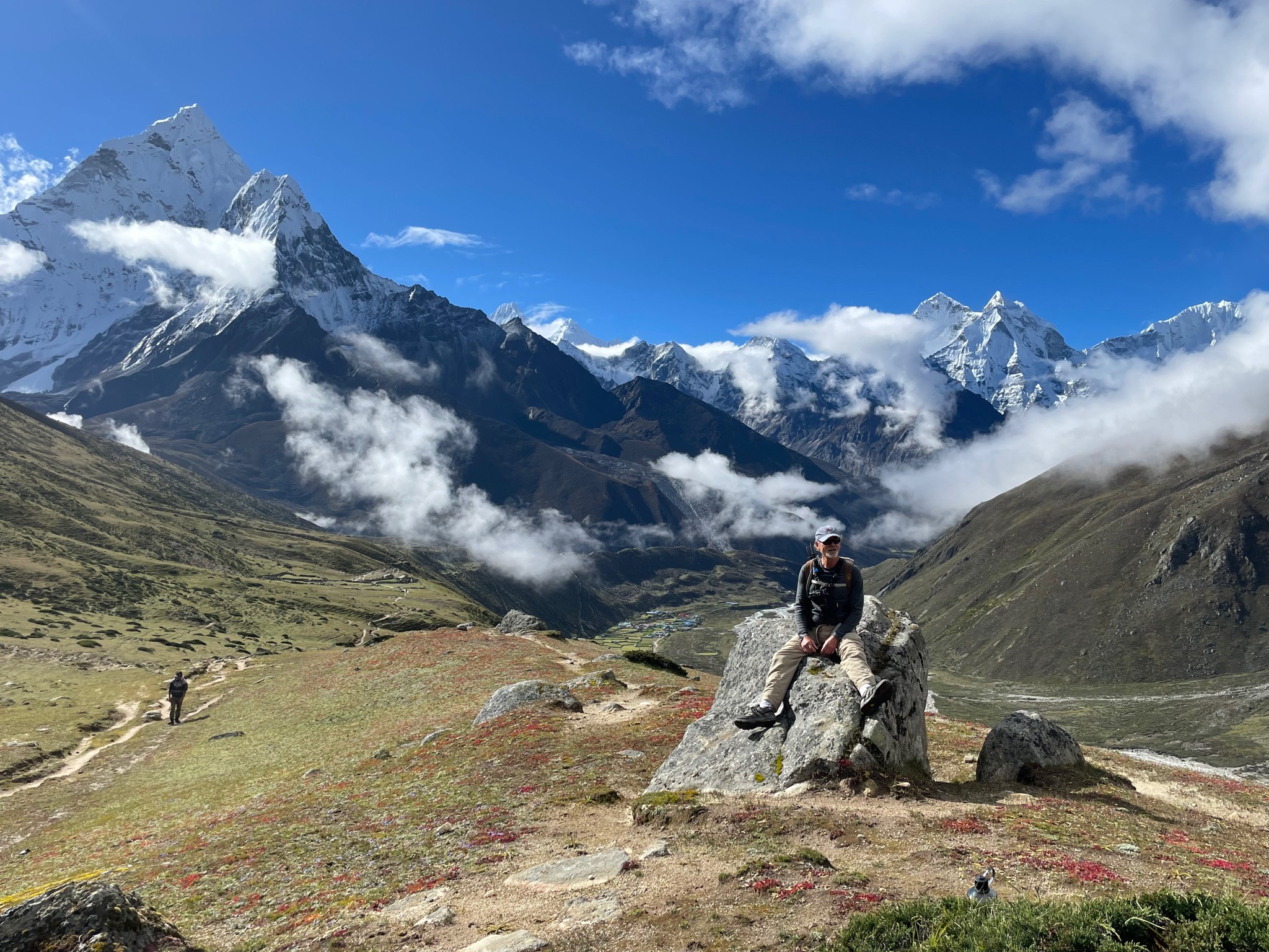 Monsoon greenery on Everest Base Camp trail in Pheriche Valley with Ama Dablam Nepal