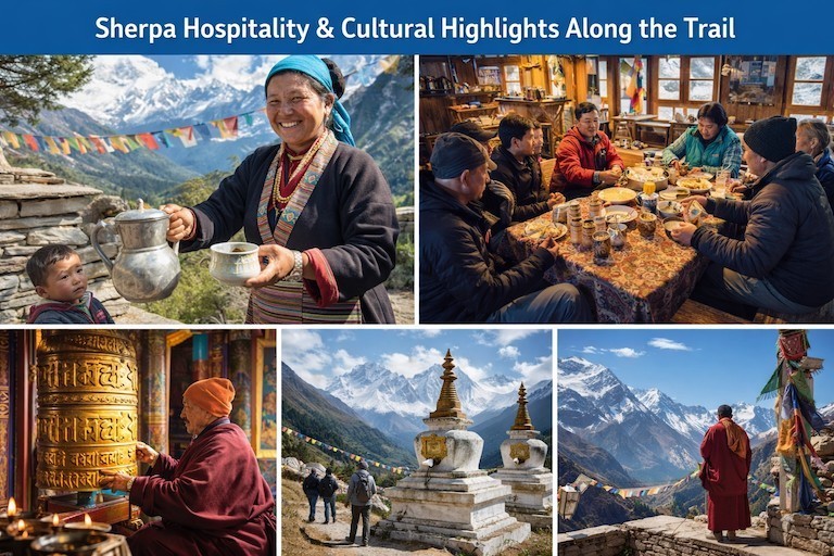 Sherpa people warmly welcoming trekkers at a traditional teahouse in the Everest region, with colorful prayer flags, stone houses, and magnificent Himalayan mountains in the background.