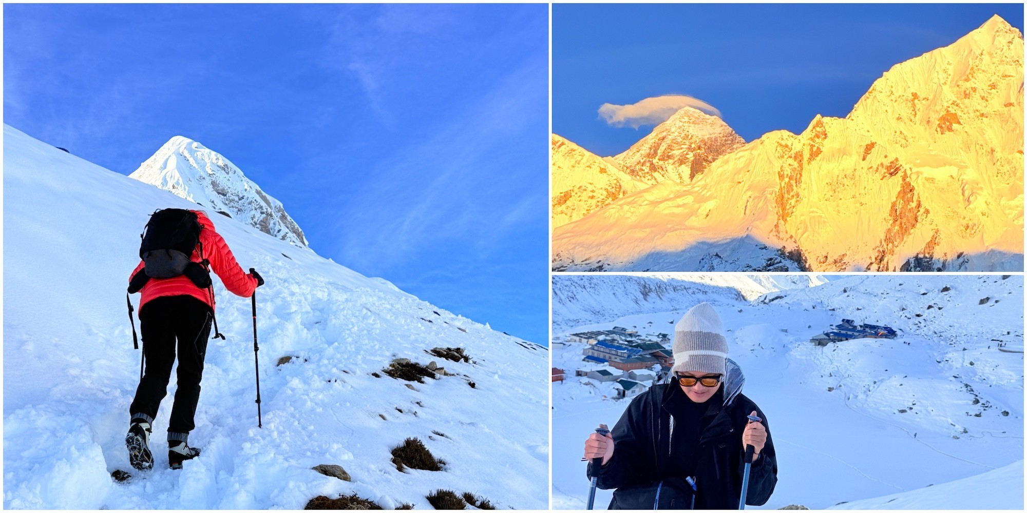 "Winter Everest Base Camp Trek trail with snow-covered Himalayan mountains, clear blue skies, and trekkers walking through the cold Khumbu landscape showing seasonal weather and visibility conditions" Photo