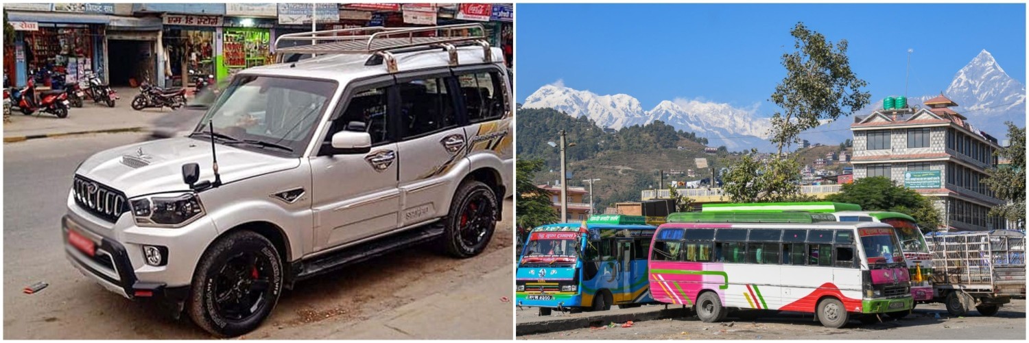 Mountain access route in Nepal showing a jeep and local bus on a winding road leading to a trekking trail, where hikers continue on foot through forested paths in the Annapurna region for the Mardi Himal Trek.