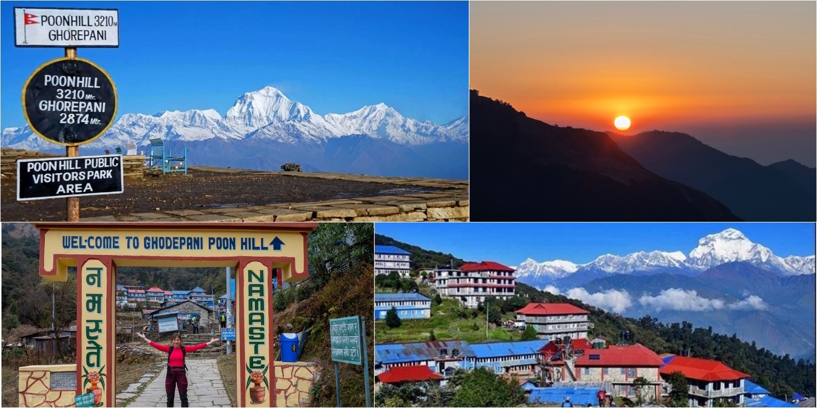 Golden sunrise over the Annapurna and Dhaulagiri mountain ranges with the iconic Poon Hill welcome gate and colorful prayer flags in Nepal.