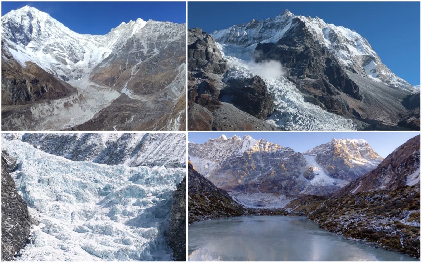 Snow-covered Himalayan peaks, rugged glaciers, and a partially frozen alpine lake surrounded by high mountain valleys.