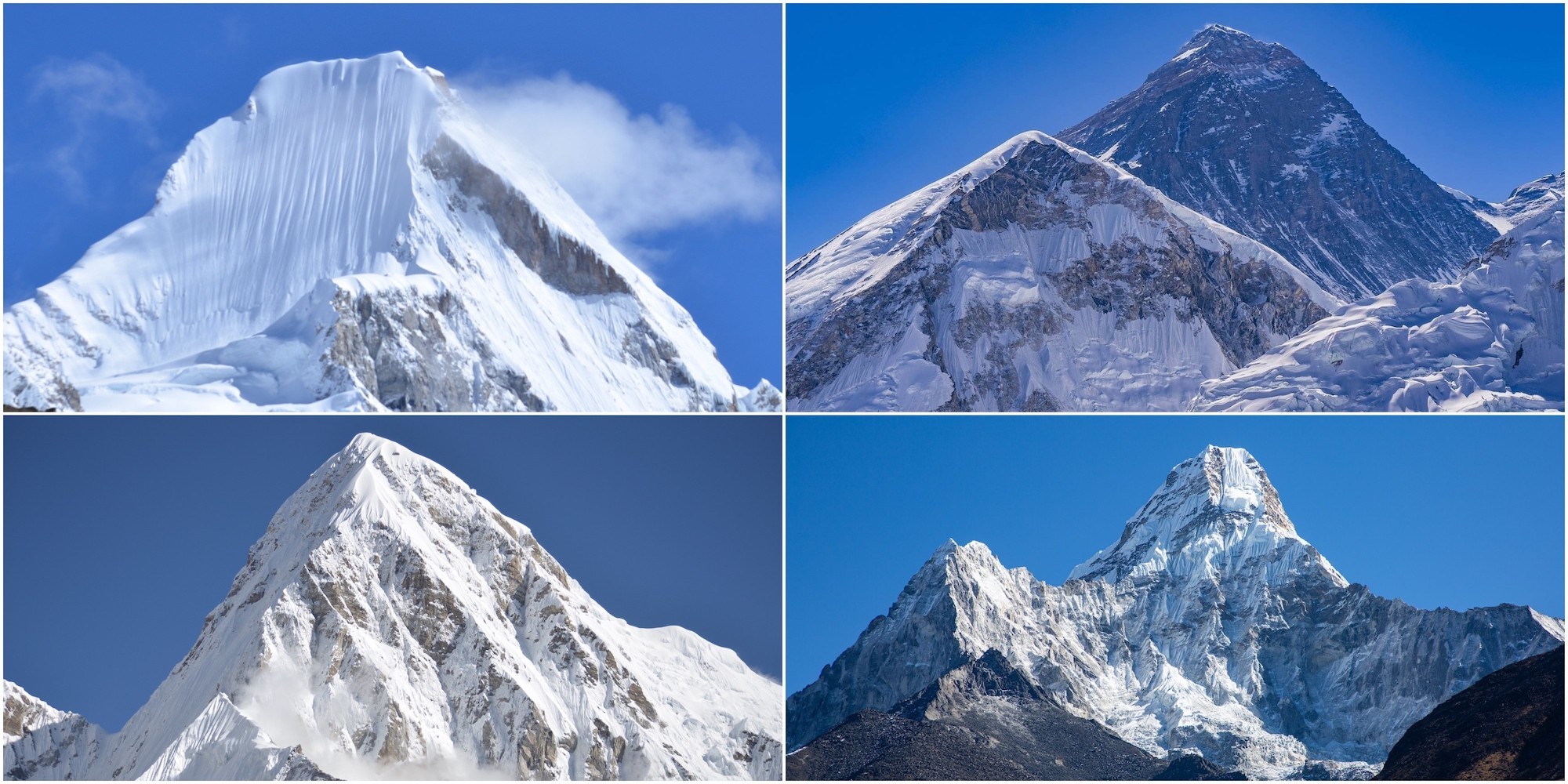 "Panoramic Himalayan mountain view during Everest Trekking in Nepal featuring Mount Everest, Ama Dablam, Pumori, and distant Langtang peaks under clear blue skies." 