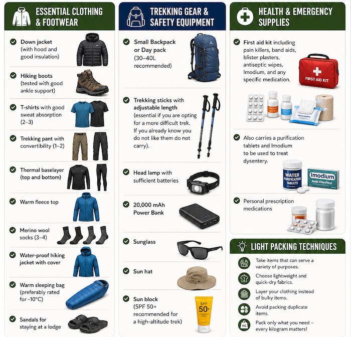 A flat lay of essential trekking gear for Nepal's September trekking season, including layered clothing, waterproof jacket, hiking boots, backpack, trekking poles, rain cover, warm hat, gloves, water bottle, headlamp, and first-aid kit.