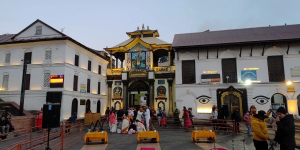 Sacred Pashupatinath Temple with its golden pagoda roof on the banks of the Bagmati River in Kathmandu, Nepal.
