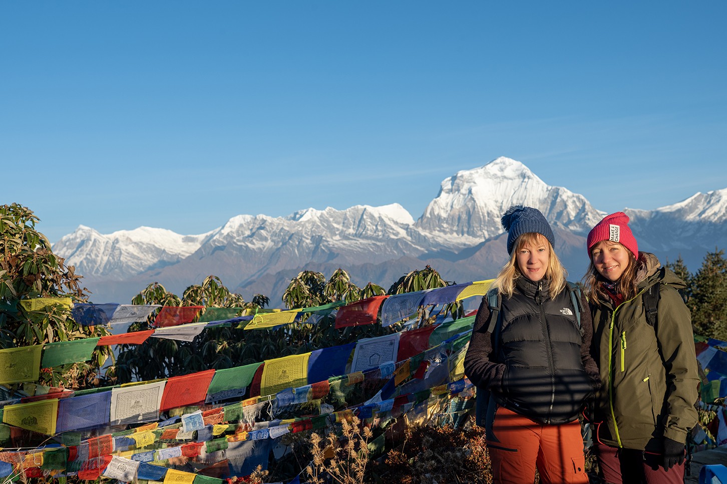 Trekkers standing at the summit viewpoint of Poon Hill surrounded by colorful prayer flags, with the Annapurna and Dhaulagiri mountain ranges rising dramatically in the background.