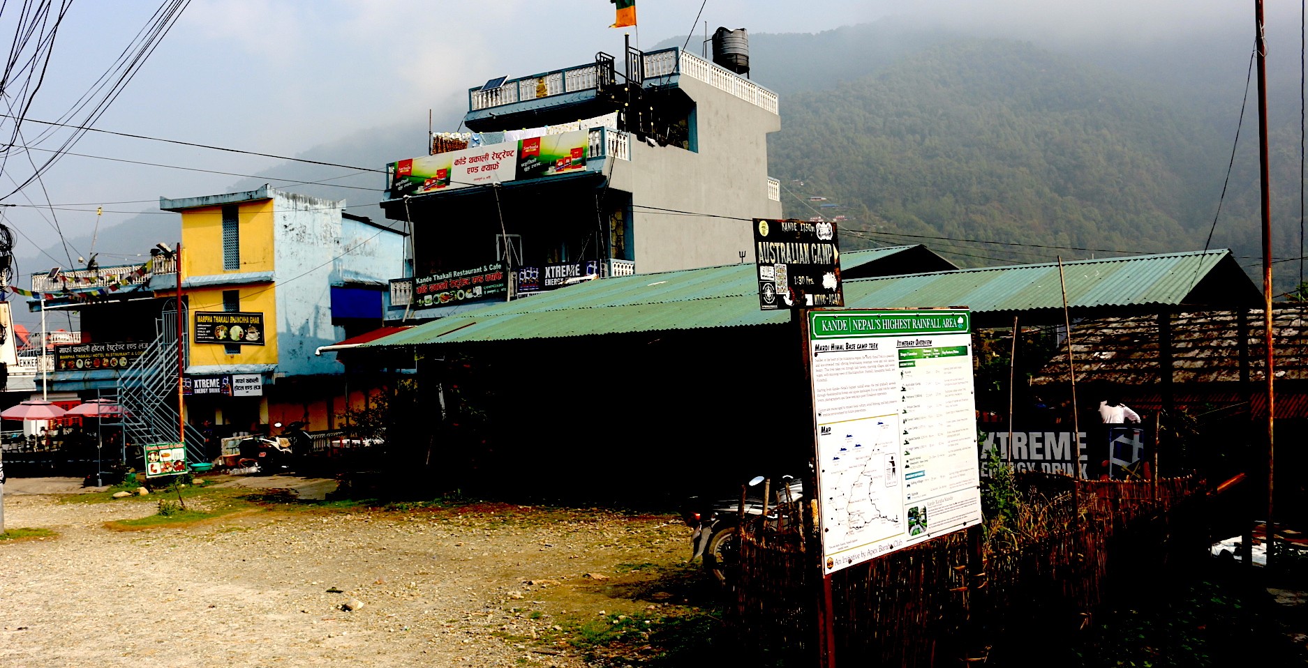 Trekkers beginning their journey at Kande, the starting point of the Mardi Himal Trek, with stone trails, terraced hillsides, traditional villages, and Himalayan landscapes stretching into the distance